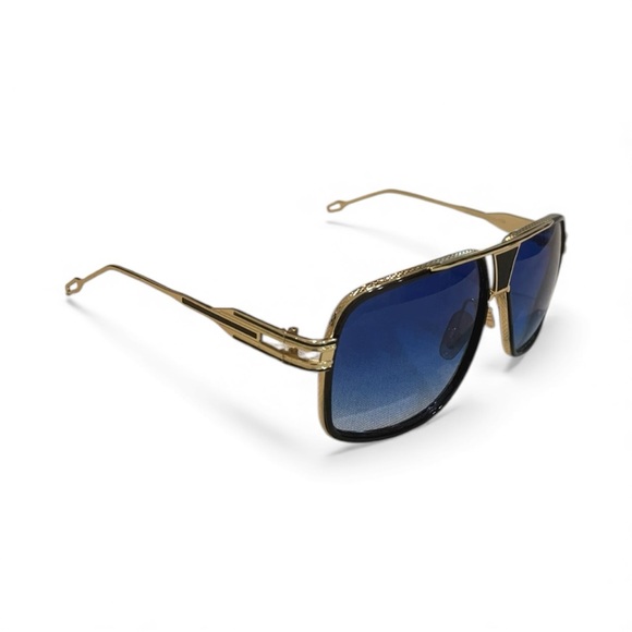 Street Knitted Men's Oversized Blue Lens Black & Gold Frame Sunglasses & Case - Picture 7 of 10